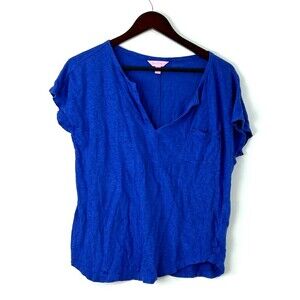 Lilly Pulitzer Shirt Women Medium Blue Linen Split Neck Cap Sleeve Pocket 1379T1